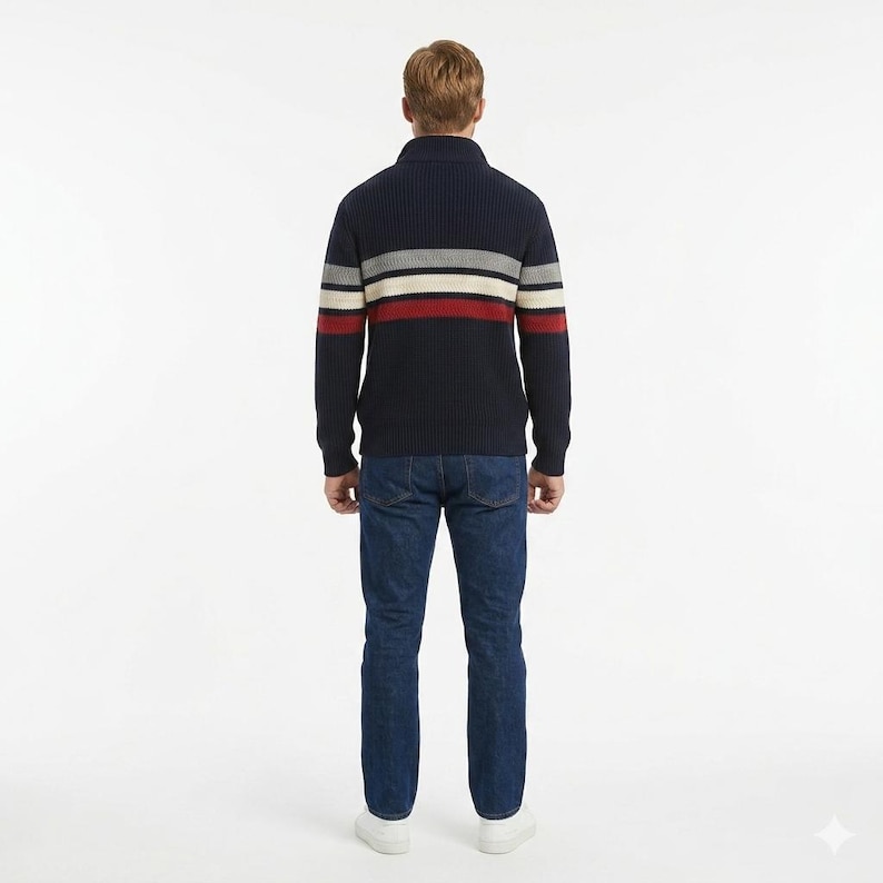 Back view of striped quarter zip knit sweater men navy red white casual winter pullover