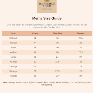 Puede incluir: Una gu&iacute;a de tallas de chaquetas para hombre, con medidas de pecho, hombros y mangas en pulgadas. La tabla incluye tallas desde XXSmall hasta 4XLarge, con las medidas correspondientes. El logotipo de LeatherVision Studio.