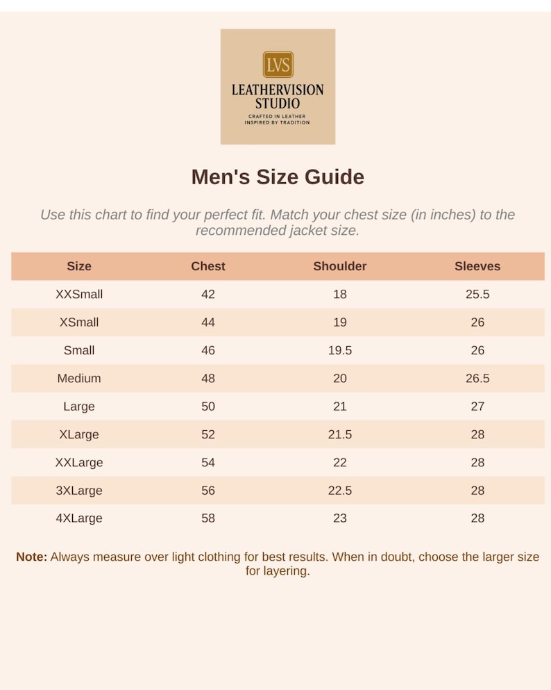 Puede incluir: Una gu&iacute;a de tallas de chaquetas para hombre, con medidas de pecho, hombros y mangas en pulgadas. La tabla incluye tallas desde XXSmall hasta 4XLarge, con las medidas correspondientes. El logotipo de LeatherVision Studio.