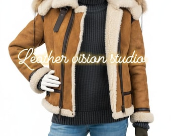 Women’s B3 Shearling Bomber Coat | Lambskin Leather Aviator Coat w/ Removable Fur Hood | Winter Pilot Jacket