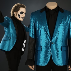 Ghost Band Papa Emeritus Cosplay Blazer | Glam Rock Blue Sequin Jacket | Gothic Concert Costume | Festival | papa v |  With &quot;F*k You&quot; patch