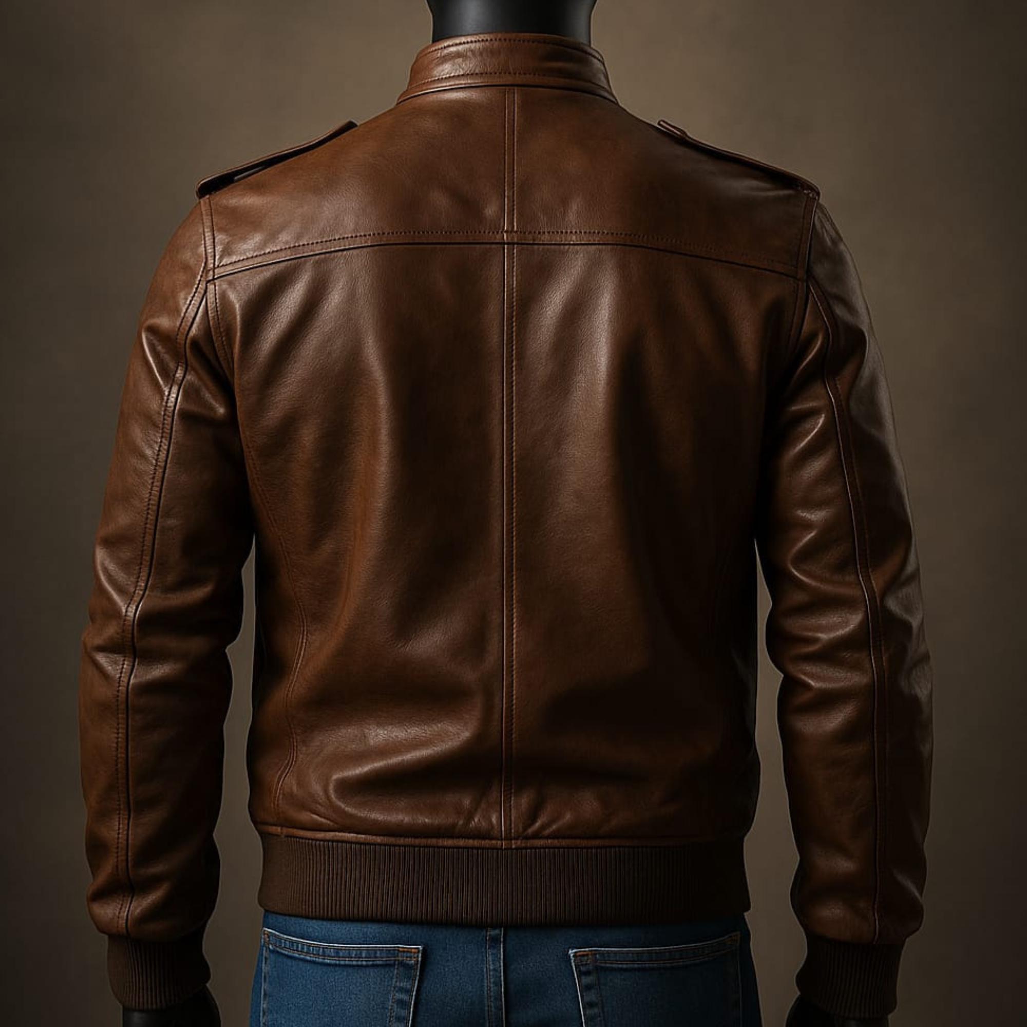 Men's Real Leather Brown Bomber Jacket | Vintage Style Zip-up