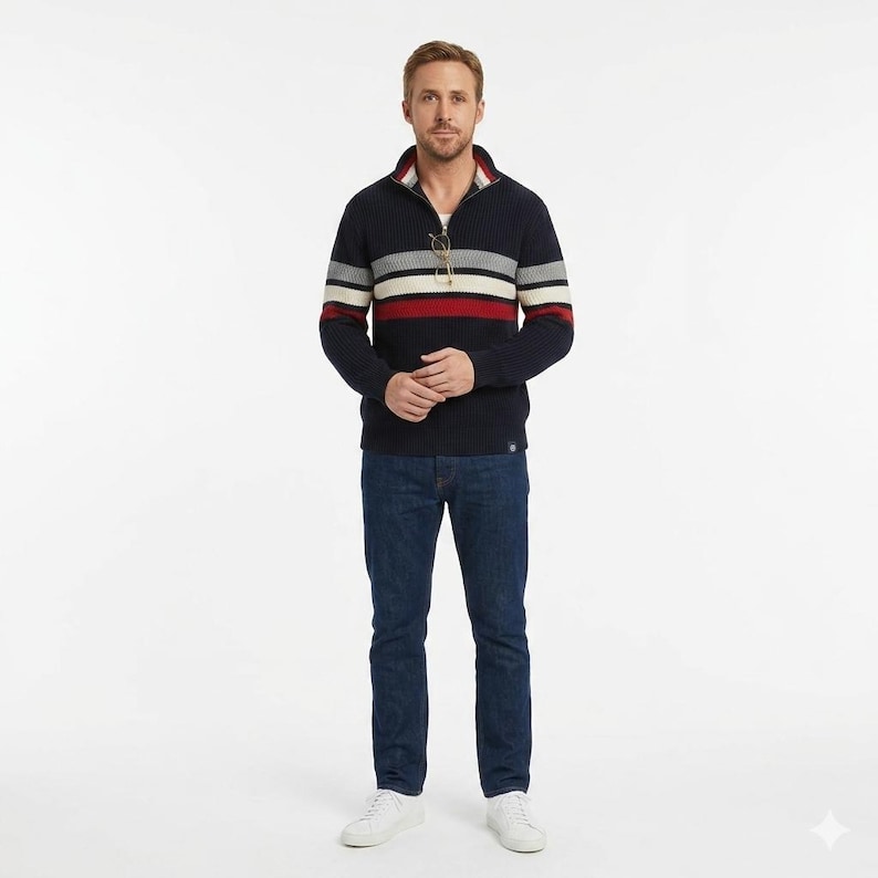 Men wearing Ryland Grace inspired sweater styled with jeans for casual winter outfit look inspired by Ryan Gosling