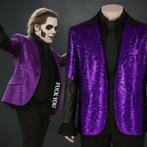 Ghost Band Papa Emeritus Cosplay Blazer | Glam Rock Purple Sequin Jacket | Gothic Concert Costume | Festival, Halloween, With &quot;Fk You&quot; patch