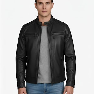 Men's Black Leather Café Racer Jacket – Diamond Quilted Moto Coat
