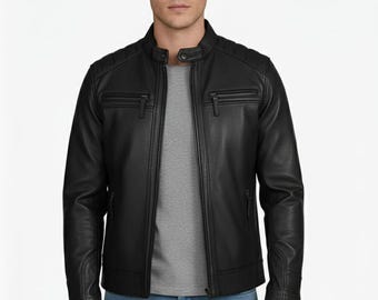 Men's Black Leather Café Racer Jacket – Diamond Quilted Moto Coat