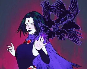 Raven Teen Titans Wall Scroll Poster, Azarath Dark Sorceress Art, Goth Magic Superhero Print, DC Comics Hanging Fabric Decor