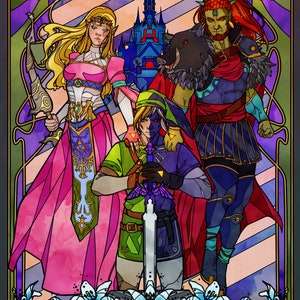 May include: A stained glass style illustration of three characters from the Legend of Zelda video game series. The characters are Link, Zelda, and Ganondorf. Link is holding a sword, Zelda is holding a bow and arrow, and Ganondorf is holding a spear. The background is a castle.