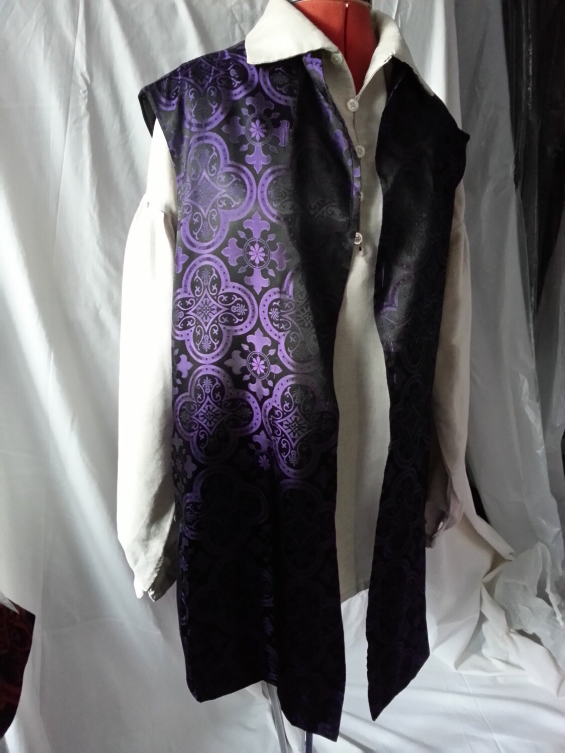 Image of Purple/Black Brocade Mens Long Line Pirate Waistcoat