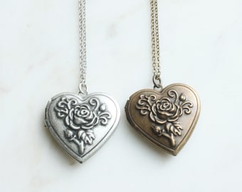 Vintage Style Rose Heart Locket Necklace: Personalized Initial coin, Long Chain Necklace, Gift for mom