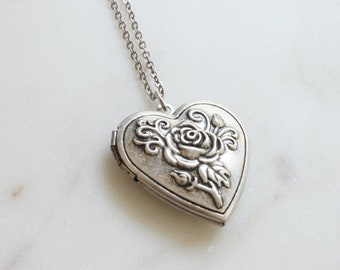 Vintage Style Personalized Rose Heart Locket Necklace, Custom Initial coin, Anniversary Gift, Gift for Mom -2093