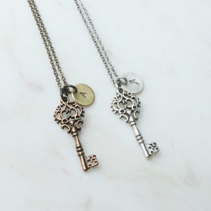 Personalized Vintage style gorgeous mini key necklace, Custom delicate key Initial coin Necklace,Silver key necklace, gift idea -2116