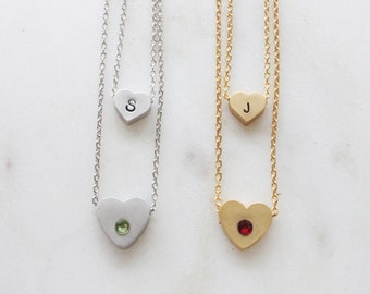 Personalized Initial Birthstone Heart Necklace: Double Layered Chain