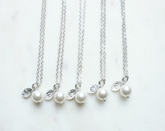 Personalized Pearl Leaf Necklace, Custom Leaf Pendant – Bridesmaid Gift Set