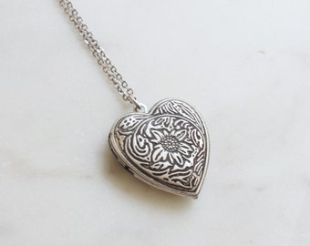 Vintage Style Sunflower Heart Locket Necklace , Custom Initial Disc Coin, Celebrated Gift -S2207