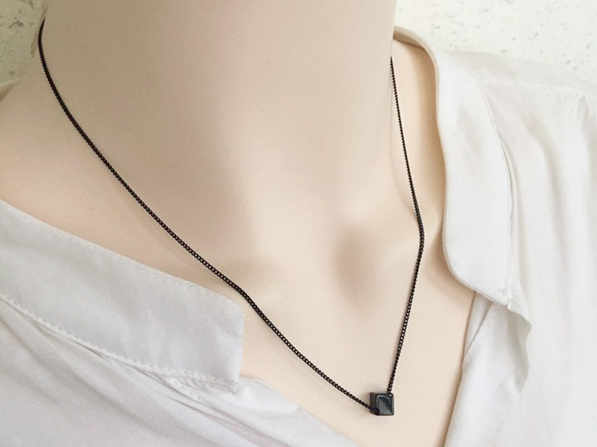 Black Onyx Cube Necklace: Silver/gold Color Chain, Dainty Gemstone 
