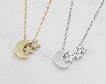 Personalized Crescent Star Necklace, Initial Charm, Custom Moon Jewelry