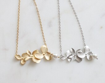 Orchid Flower Bracelet: Silver Chain, Pearl Accent, Wedding Jewelry