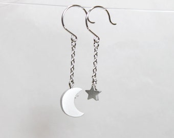 Sterling Silver Crescent and Star Asymmetrical Dangle Earrings