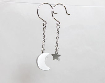 Crescent and Star sterling silver earrings, Crescent & Star dangle earrings, Asymmetry chain earrings, Gift idea, Gift for Friend - S1038