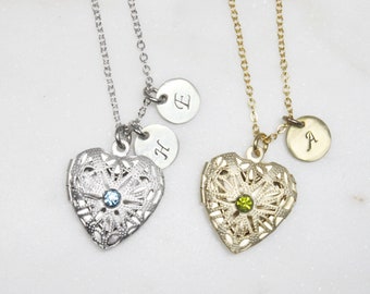 Custom Birthstone Heart Locket Necklace, Personalized Initial Pendant,  Bridesmaid gift, Birthday Gift -S2293