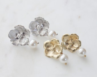 Magnolia Flower Pearl Earrings, Sterling Silver Post, Wedding Jewelry -1096