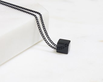 Black Onyx Cube Necklace: Simple gemstone 6mm, Silver/Gold/Black color chain