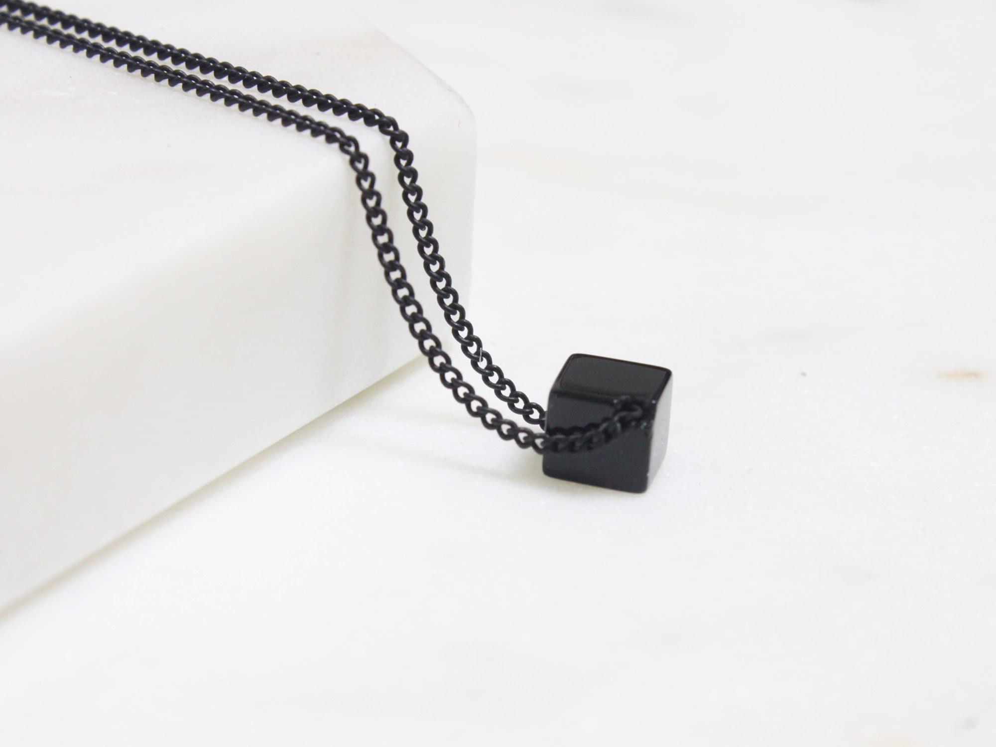 Black Onyx Cube Necklace: Simple Gemstone 6mm, Silver/gold/black 