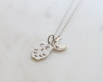 Personalized Owl Necklace: Custom Initial Crescent Moon Charm,