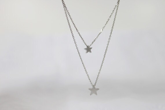 Simple Two Star Double Layers Chain Necklace, Star Layered
