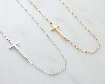 Sideways Cross Necklace, Off Centered Horizontal Cross Necklace, Side Cross Necklace, Gift for mom, Gift for Friend, Gift idea -S2268