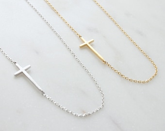 Sideways Cross Necklace, Off Centered Horizontal Cross Necklace, Side Cross Necklace, Gift for mom, Gift for Friend, Gift idea -S2268