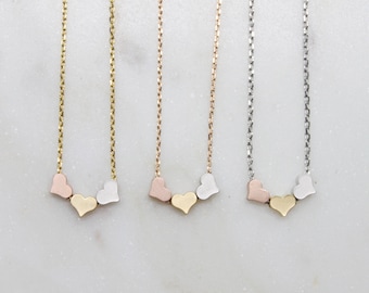 Triple Heart Necklace: Gold, Silver & Rose Gold Pendants, Trios Hearts Pendant