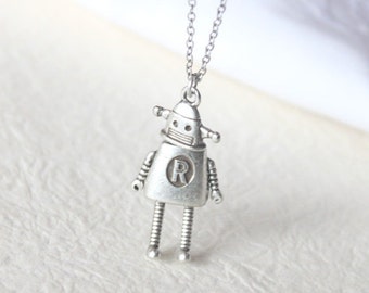 Vintage Style Robot Pendant Necklace, Silver Robot -S2351-1