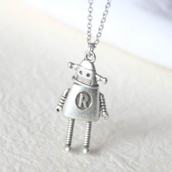 Vintage style Robot Necklace, Silver Robot pendant, Gift for Friend, Gift idea  - S2351-1