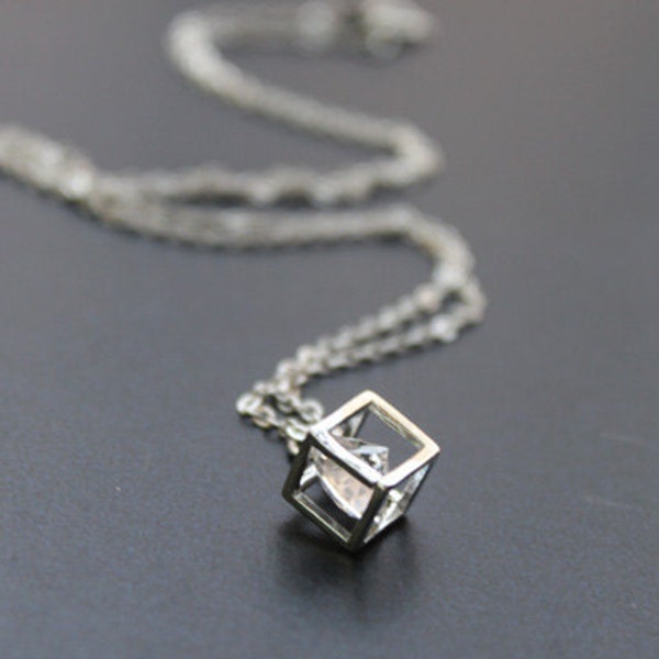 Cubic zirconia rattling inside a cube pendant Necklace, Cube pendant, Silver Cube Necklace, Wedding gift, Gift for Mom, Gift idea - S2106-1