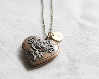 Personalized Rose Heart Locket Necklace: Antique Style Custom Initial Disc, Celebrated gift, Gift for Mom