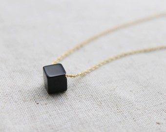 Black Onyx Cube Necklace: Silver/Gold color chain, Dainty Gemstone
