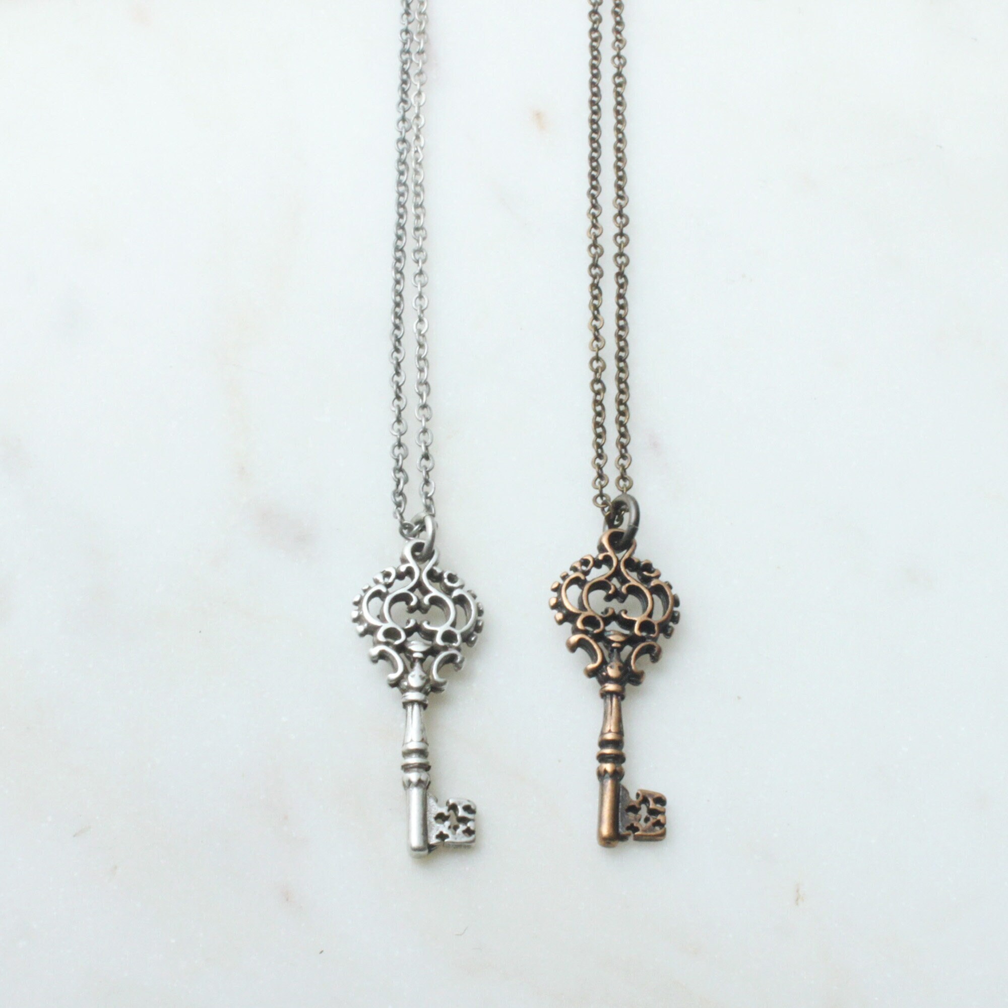 thumbnail image 2 of 10 Large Antique Silver Key Charms – 2-3/8" Long, Brass Metal Pendants 2 of 6