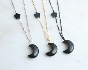 Black Onyx Crescent Moon and Star Necklace: Chic Celestial Jewelry