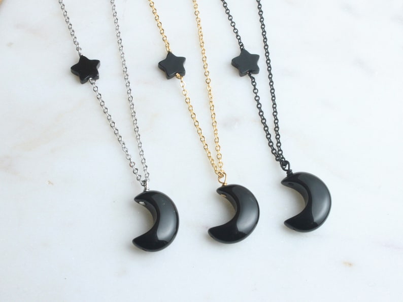 Black Crescent Star Necklace Black 
