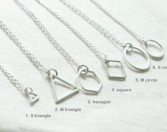 Simple Geometric Shapes Necklace: Silver Triangle, Circle, Square, Hexagon, Layered Necklace, Minimalist Jewelry