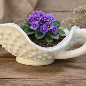 Fenton Milk Glass Hobnail Handled Bowl Ruffled Edge Vintage Art Glass, Cache pot or candy dish!  Collectors, use your Fenton's!