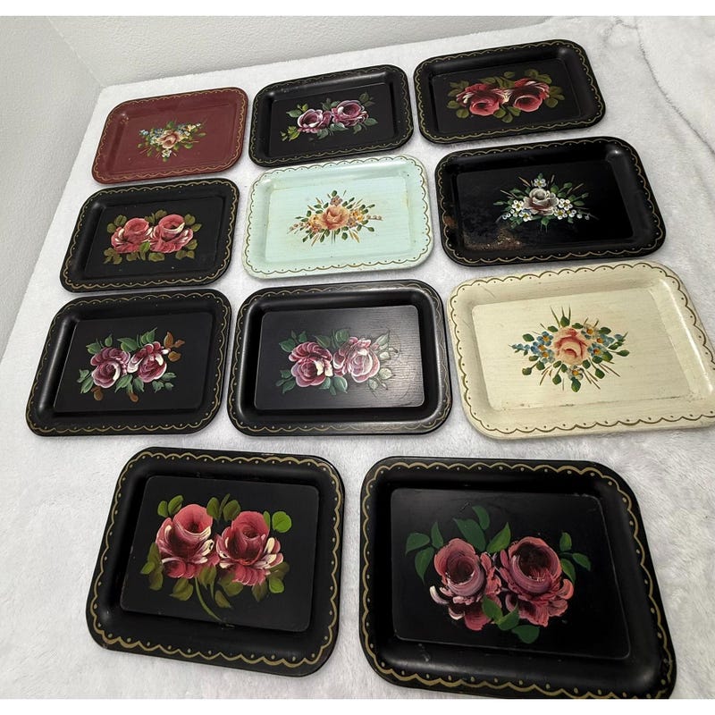 4 Vintage Nashco Hand Painted Trays Wall Art Toleware Roses
