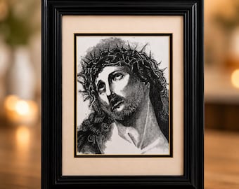 Vintage Christ Portrait Print, Crown of Thorns, Black Frame (13" x 15")