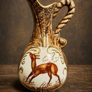 May include: A ceramic pitcher featuring a brown and cream color palette with a textured, rope-style handle. The body displays a central cream-colored medallion with a hand-painted brown deer illustration surrounded by gold-toned decorative scrollwork.