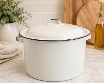 Vintage White Enamel Stock Pot 11 Qt Black Rim w Lid Large Cooking Pot - Large Pot