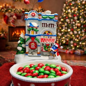 May include: A festive Christmas-themed M&M's candy dish. The dish is filled with red and green candies and is in front of a ceramic building with the M&M's logo and the word "TOYS". The building has balloons and a Santa M&M's character.