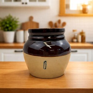 Vintage Stoneware Bean Pot – 1 Quart – 5" Albany Slip Glaze – “1” Mark