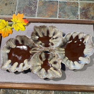 Peut inclure: Un plat de service en céramique à quatre sections avec un glaçage marron et crème. Le plat a une forme organique unique avec une finition brillante. Les sections sont disposées en forme de fleur, parfaites pour servir des collations ou des apéritifs.